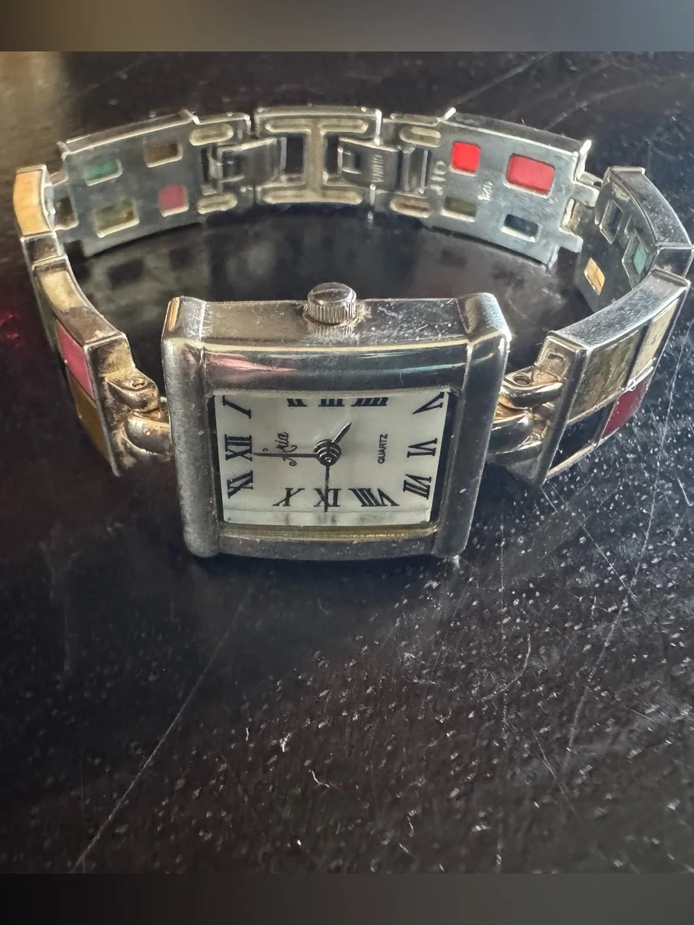Aria Sterling Multicolor Square Stone Inlay Bracelet Watch, MOP Watch Face